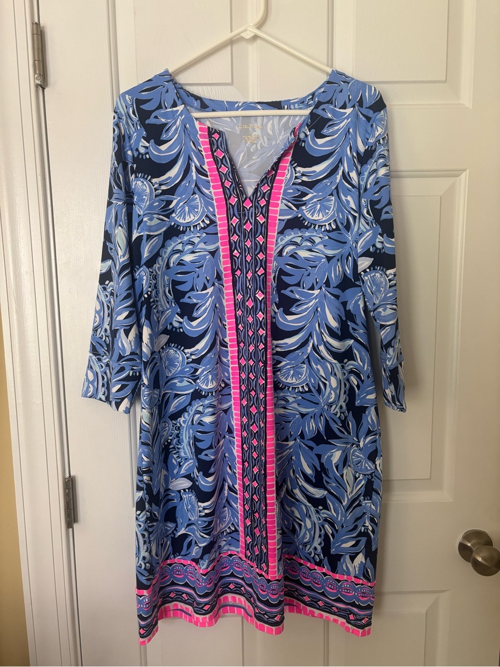 Lilly Pulitzer Navy and Light Blue Leaf-Print Dress with Hot Pink Trim Size XL